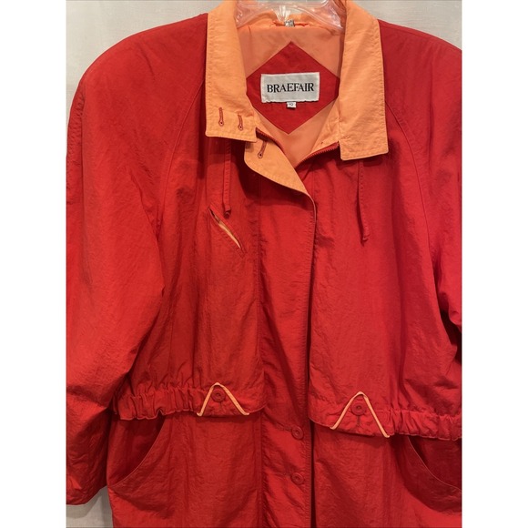 Vintage Raincoat Braefair Nylon Red Orange Bright Long Jacket Trench EUC Zipper - Picture 2 of 10